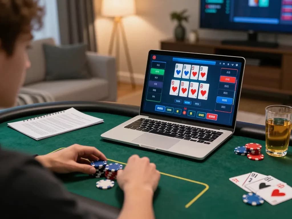 Engaging online poker session at home with 79kingt1 displayed on laptop, showcasing strategic gameplay.