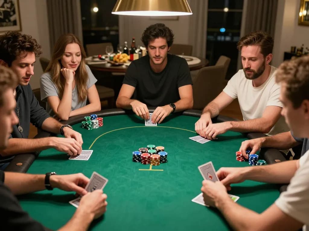 Players enjoying a friendly poker night at home with 789WIN-focused strategy discussions and excitement