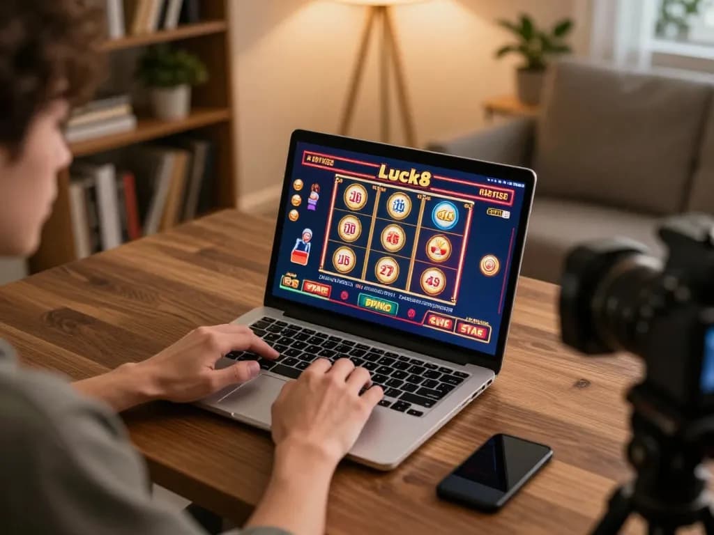 Player experiencing luck8 online casino games on a laptop in a cozy home setup
