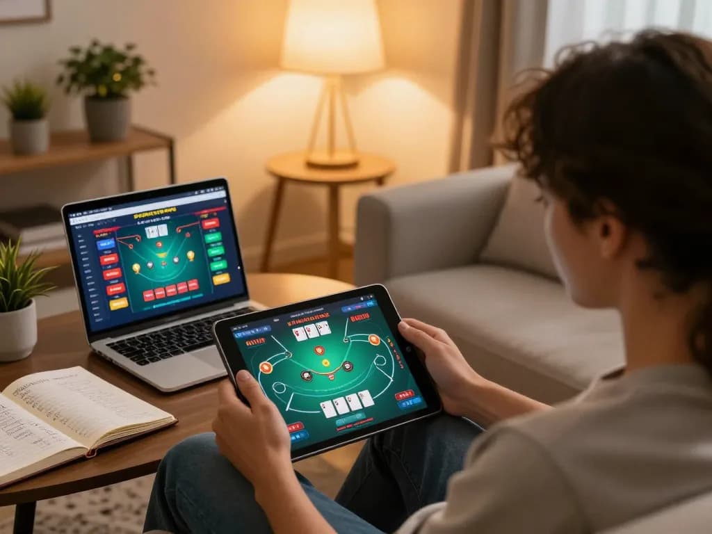 Engaging scene of online poker gaming on 9bet with tablet in cozy home setting, featuring strategic notes.