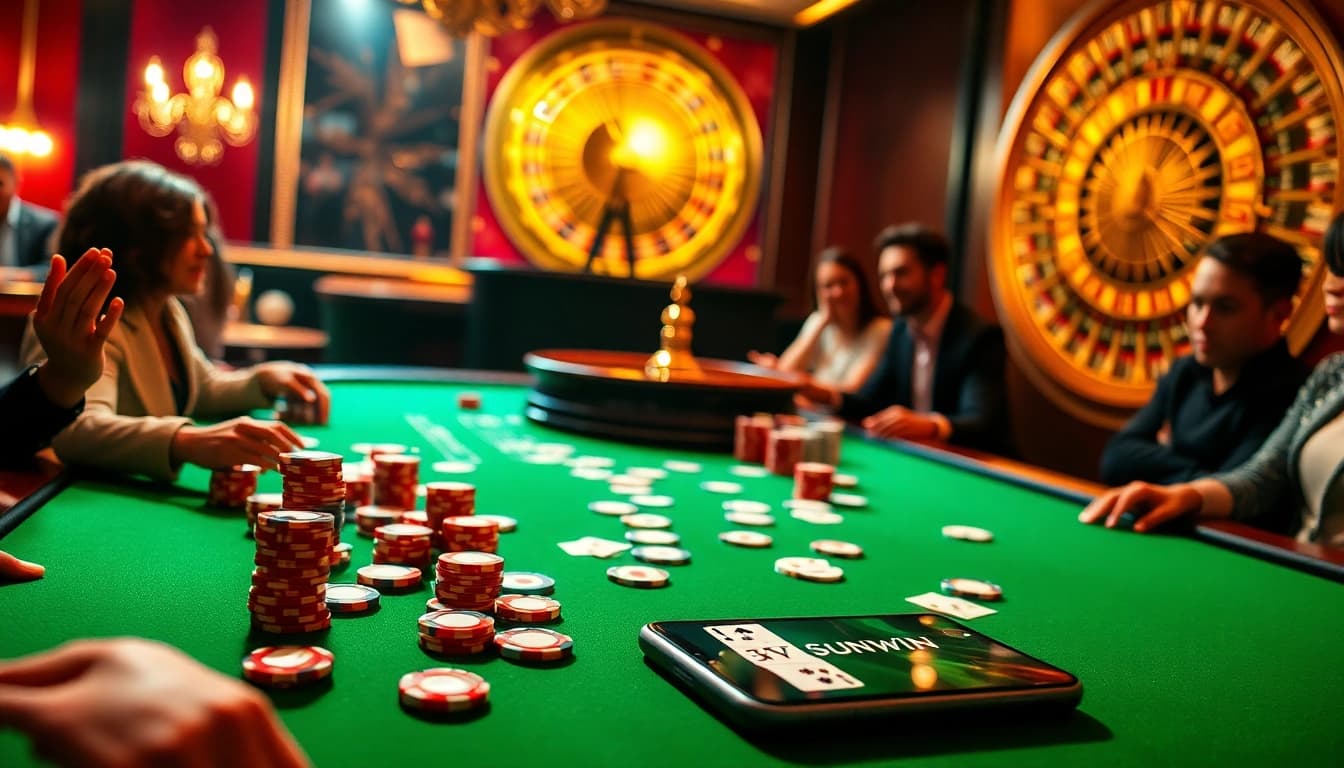 Players engage at a SUNWIN poker table with vibrant chips, capturing the excitement of casino gaming.