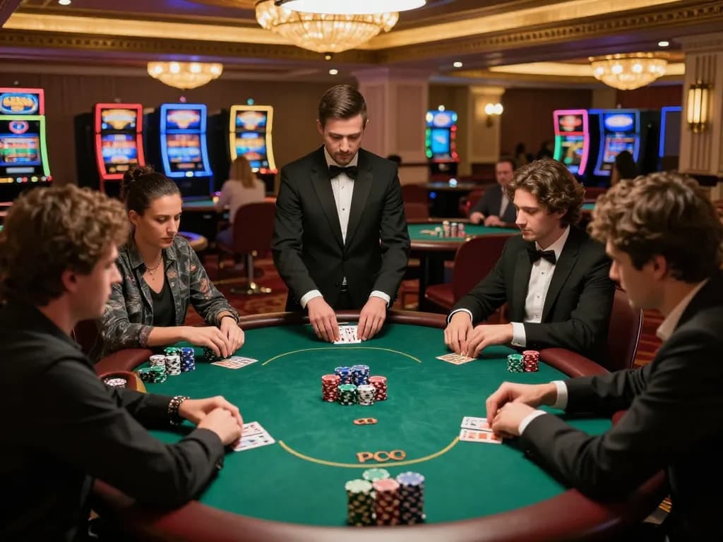 cm88 players strategizing during an engaging high-stakes poker game in an upscale casino environment.