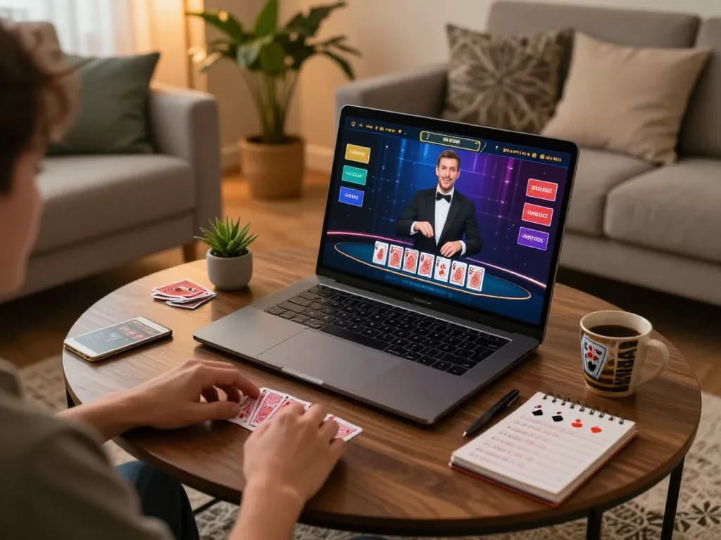 Player engages with 789win live dealer blackjack on laptop, showcasing a strategic online gaming atmosphere.