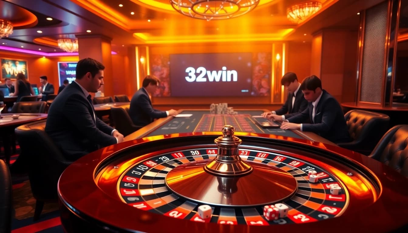 Engaging casino scene with players enjoying poker at 32win.reviews site.