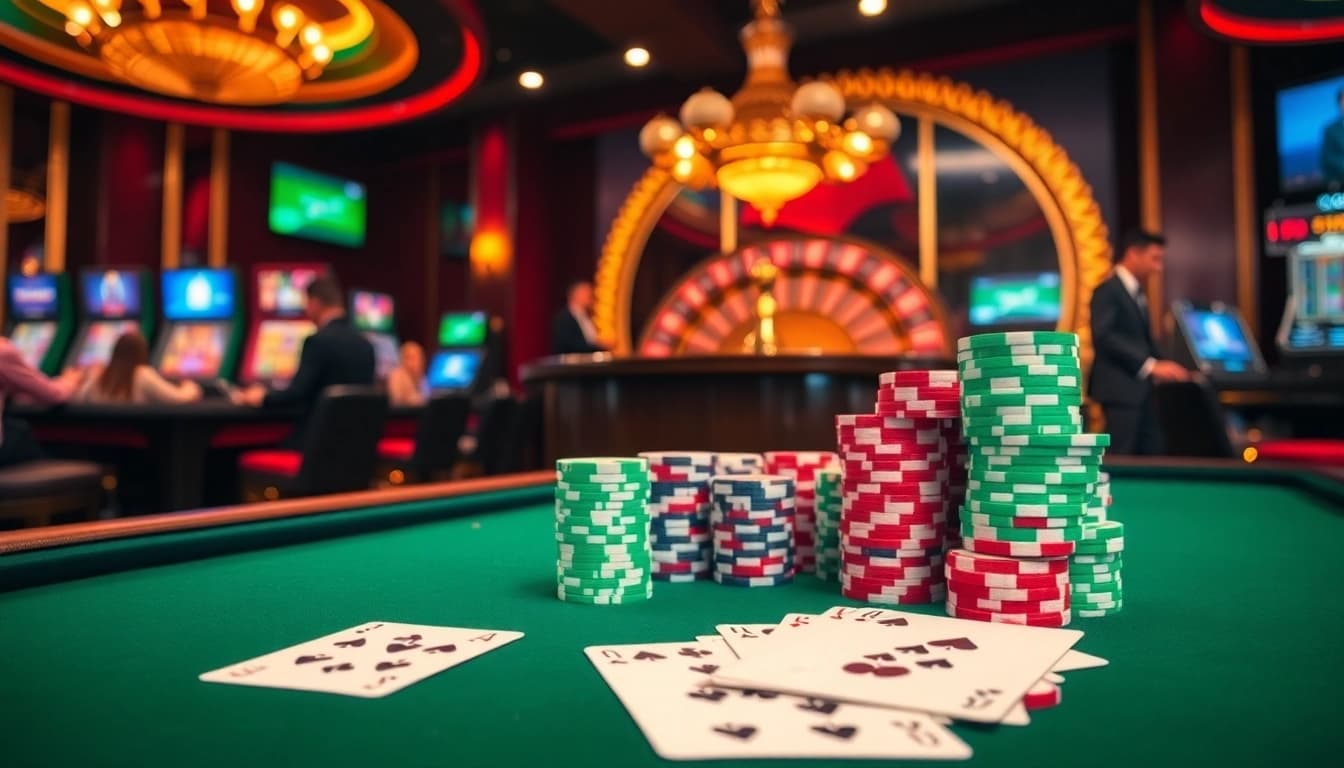 Thrilling poker action at http://678vip.xyz/ with vibrant chips and a spinning roulette wheel.