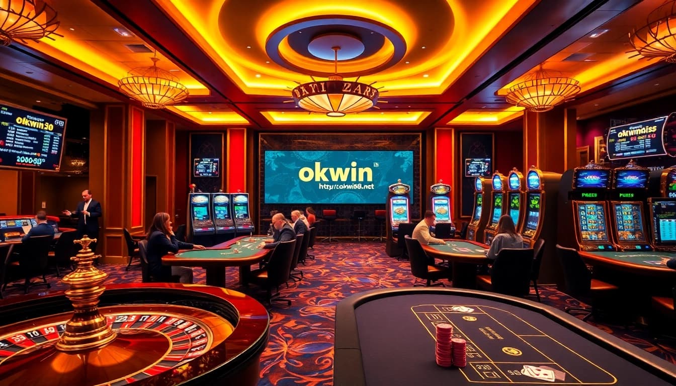 Engaging gamblers in a vibrant casino scene at https://okwin68.net/, showcasing high-stakes poker and roulette excitement.