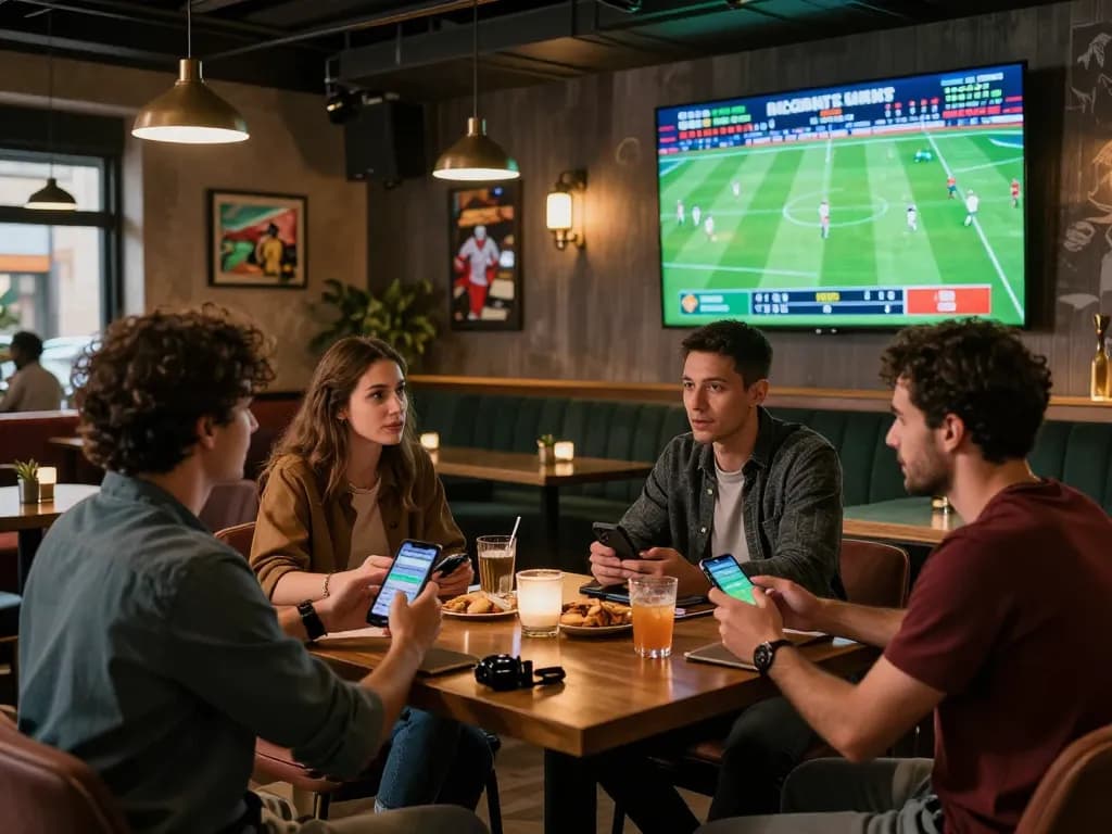 Friends engaging in vaobong 1gom betting while watching live football matches at a trendy bar.