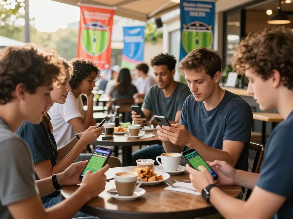 Engaging in cá độ bóng đá online with friends at a lively café, showcasing betting excitement.