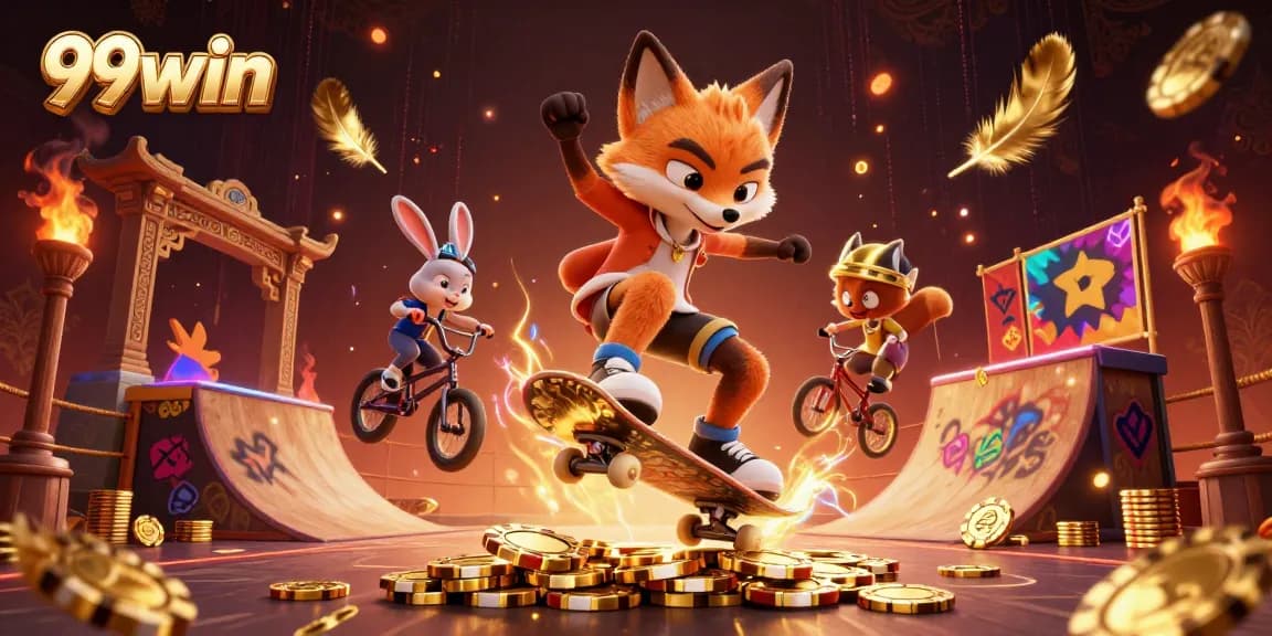 Experience thrilling gaming at 99win with animated fox and rabbit in an engaging casino scene.