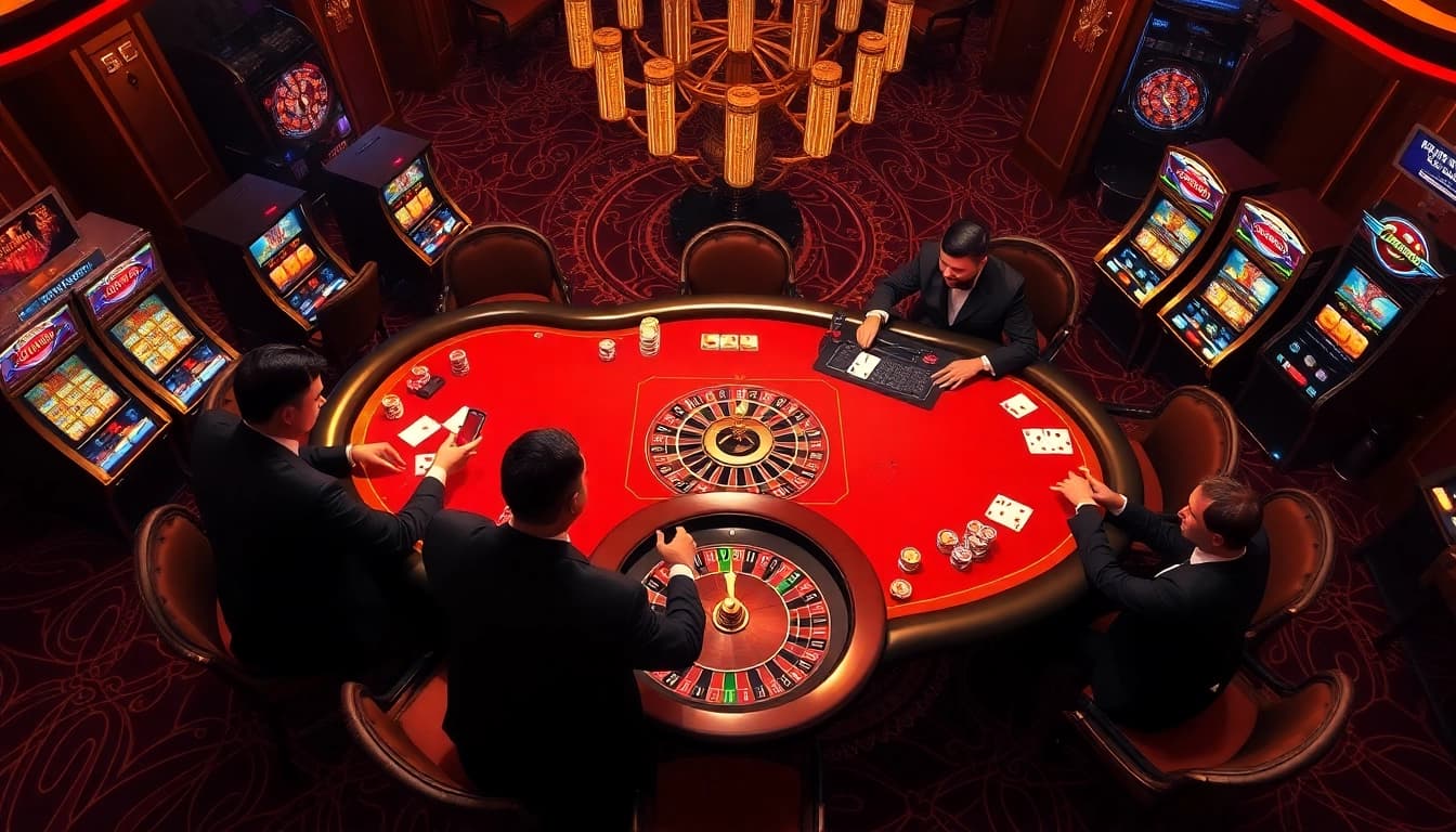 Exciting gambling scene on trang chủ 8kbet featuring a poker table with players, slots, and roulette wheel.