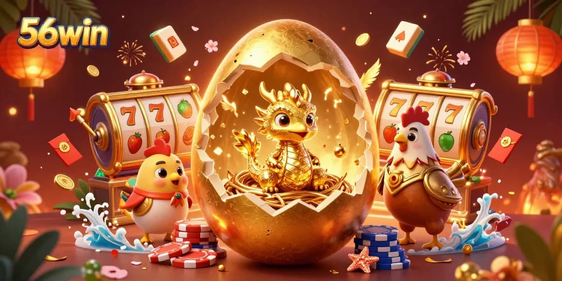 Embrace exciting wins at 56win with golden dragons, poker chips, and vibrant casino elements.