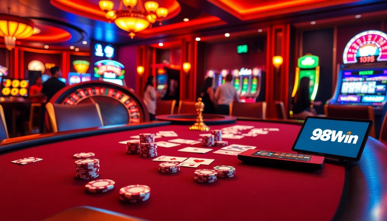 Experience thrilling gameplay at 98Win with a luxurious poker table and exciting casino elements.