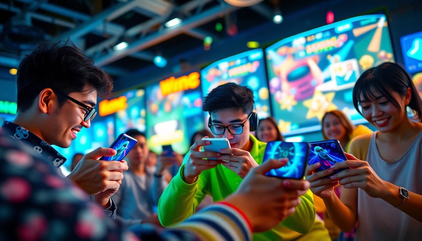 Engaged players enjoying the nk88 mobile app in a vibrant gaming atmosphere.