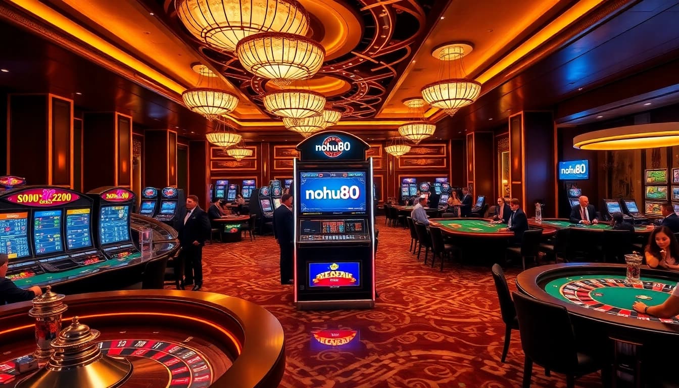 Gambler engaging with the nohu90 slot machine in a vibrant casino atmosphere.