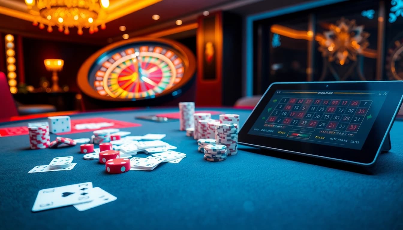 Engage with thrilling games at https://fnew88.com/ featuring a luxurious casino table setup with cards and chips.