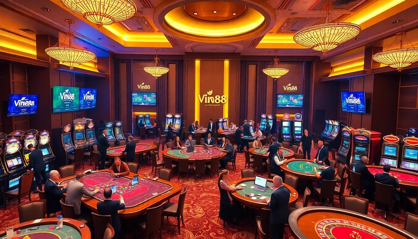 Exciting casino action at Vin88 with players betting at tables and engaging in slot games.