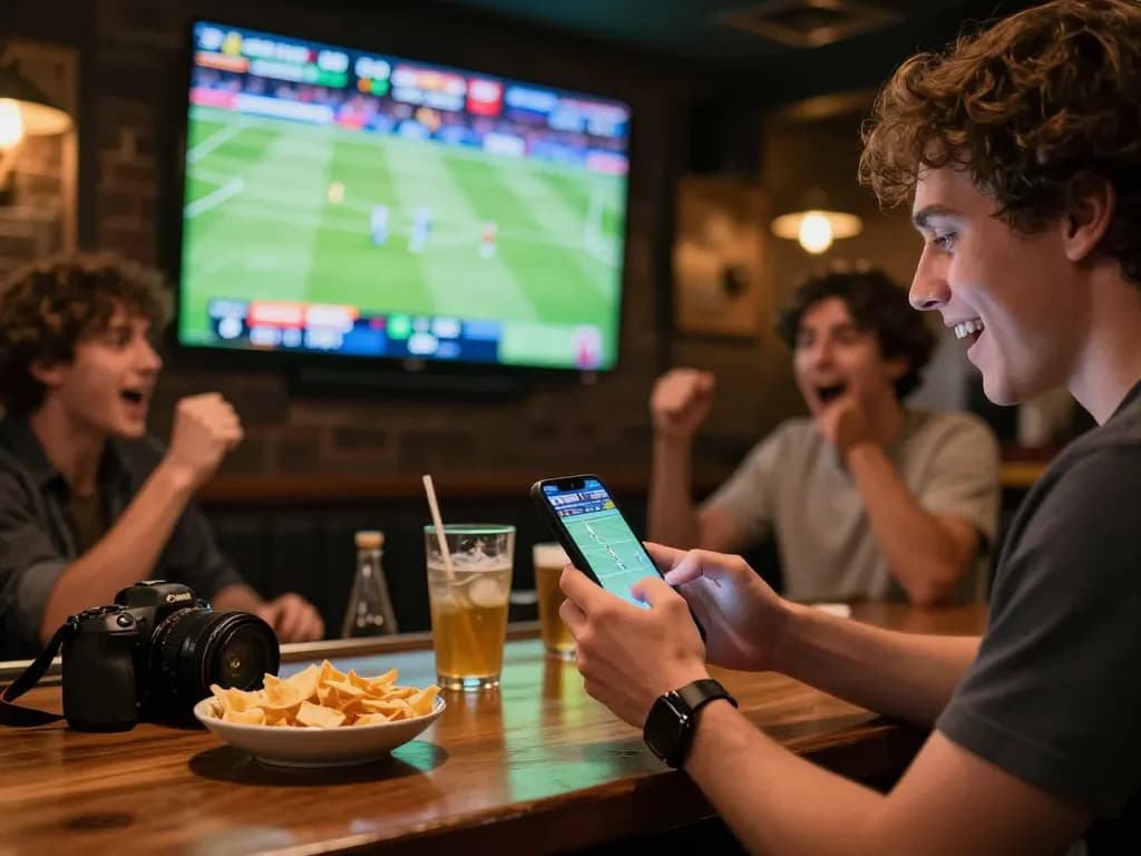 Engaged sports bettor checking ผลบอลวันนี้ scores amidst an exciting game atmosphere.