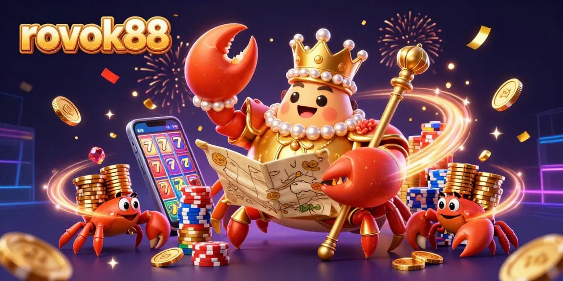 Experience the excitement of rokok88 with a golden crab emperor in a vibrant casino scene.