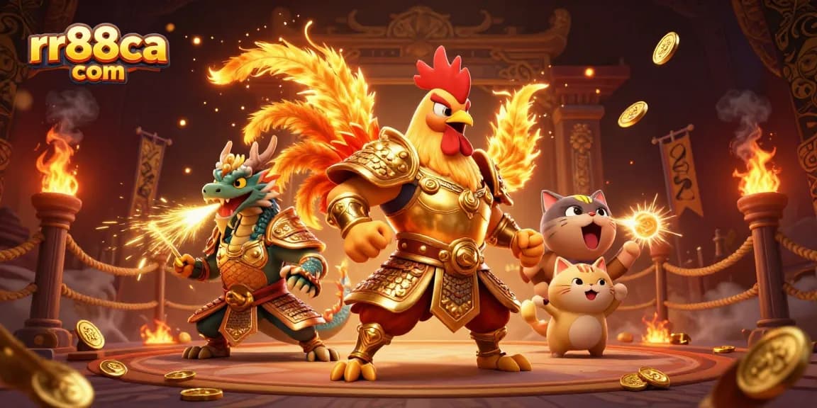 Engage in exciting activities at rr88ca com featuring a warrior rooster and a dragon hatchling in a dynamic casino setting.