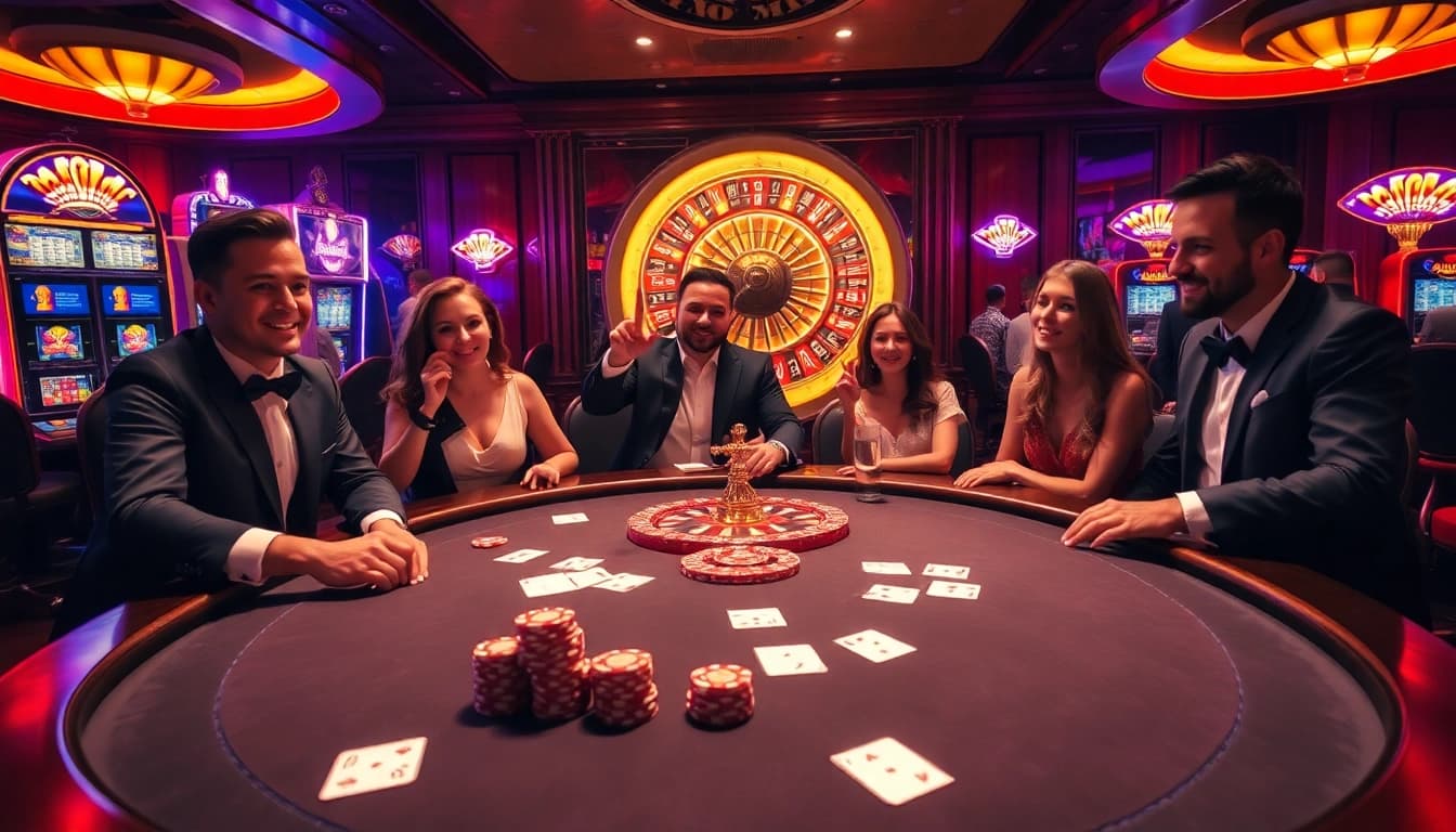 Players enjoying an exciting game of poker at Thabet77 in a vibrant casino atmosphere.