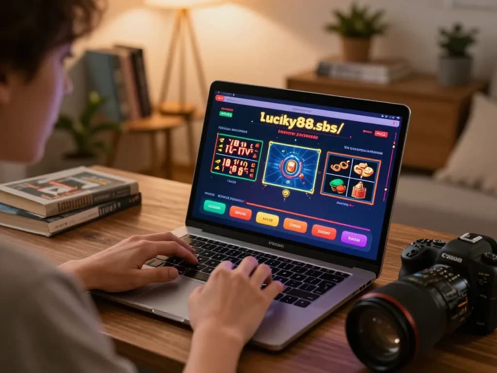 Player enjoying a strategic online gaming session at https://lucky88.sbs/ with a laptop displaying exciting casino games.