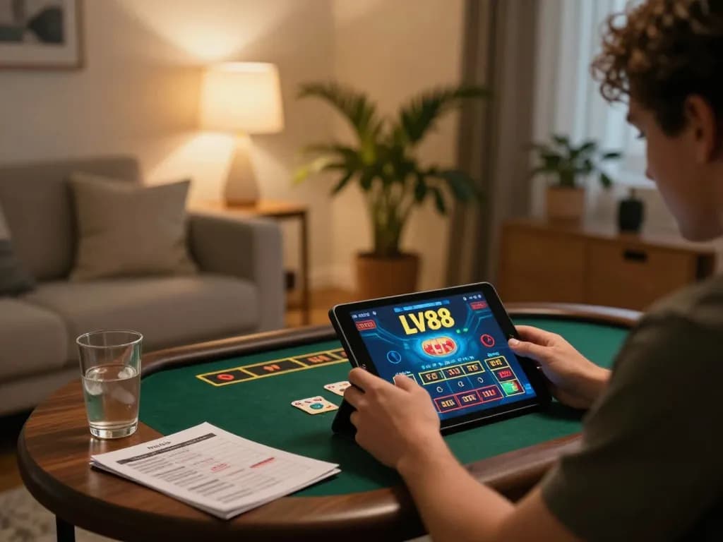 Engaging in online games at LV88 casino on a tablet in a cozy home environment.