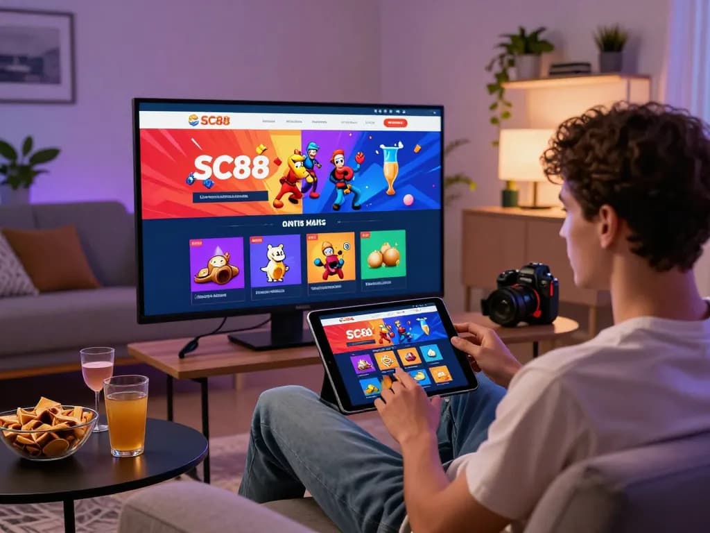 Engaging SC88 online gambling experience on a tablet in a stylish living room.