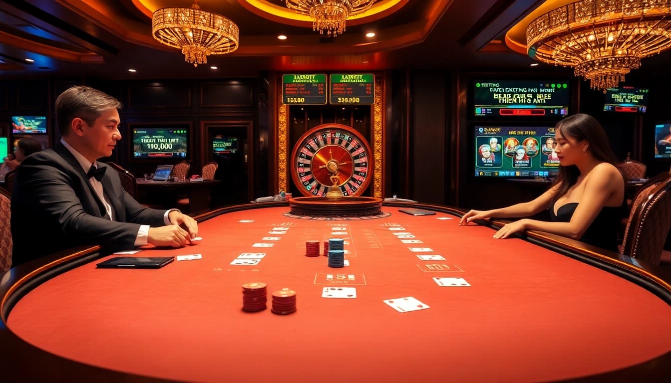 Thrilling blackjack action in a luxury casino, showcasing thiên hạ bet excitement.