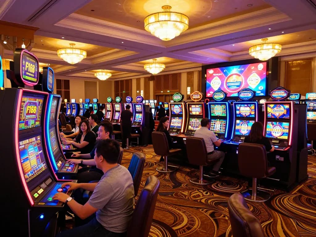 Players enjoy the vibrant atmosphere at Trang Chủ F168 casino with colorful slot machines.