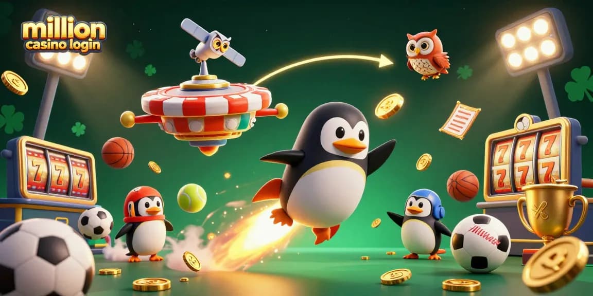 Play and win at million casino login with dynamic 3D illustration of a golden penguin and casino elements.