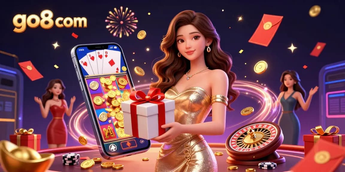 Experience the excitement of go8 com with vibrant casino visuals, packed with festive elements and dynamic gaming imagery.
