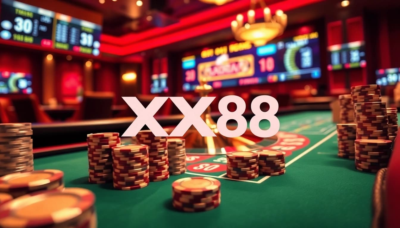 Experience the thrill of winning at XX88 with poker chips and a roulette table in play.
