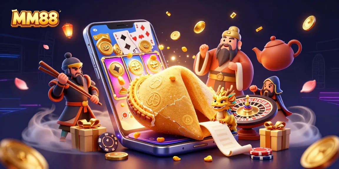 Spin the reels with MM88’s vibrant casino scene featuring a golden fortune cookie and dynamic game elements.