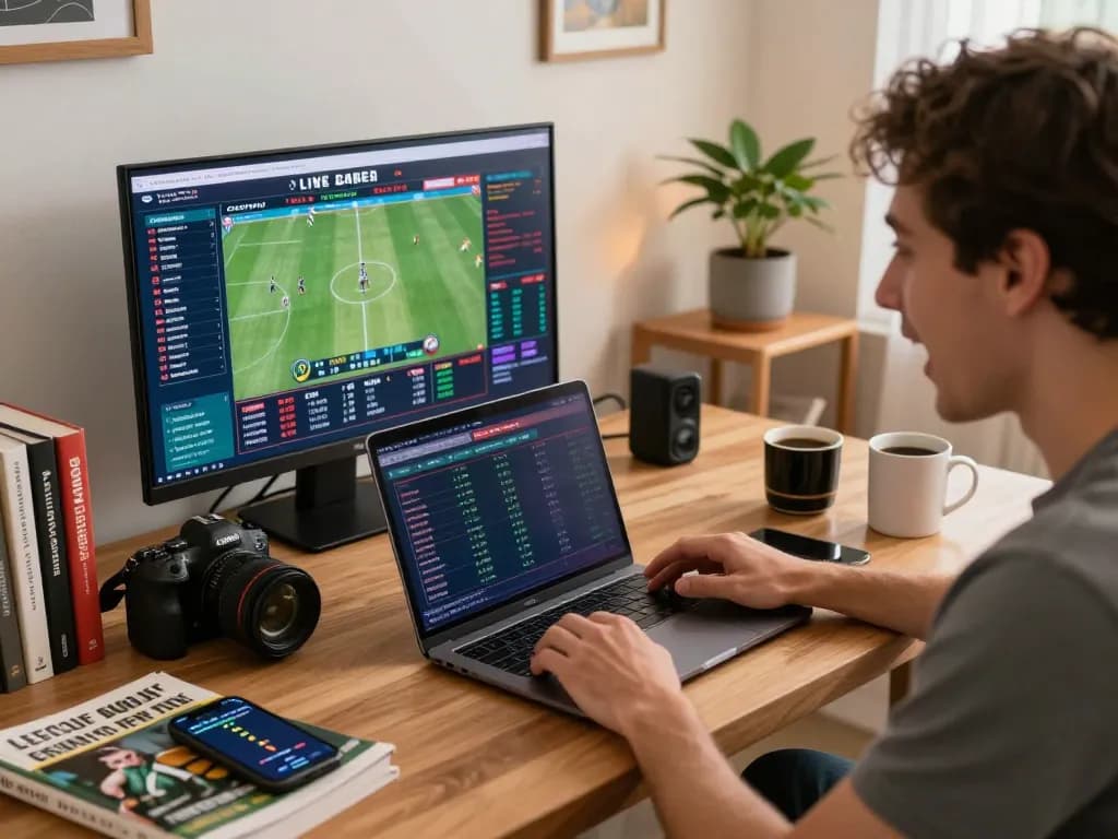Tỷ lệ kèo nhà cái hôm nay featured in a dynamic online sports betting scene, showcasing an engaged player on a laptop.