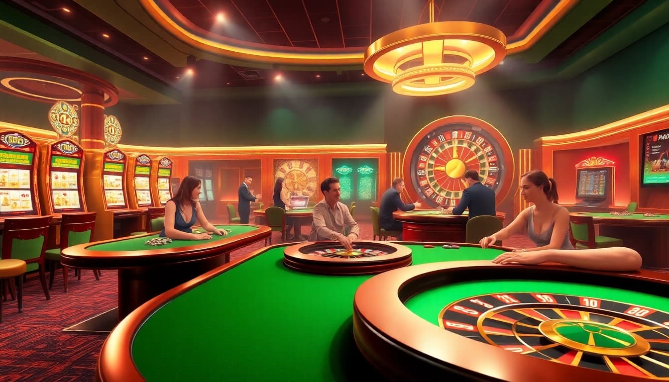 Alo 789 players engaging in thrilling casino activities with poker chips and roulette wheel.