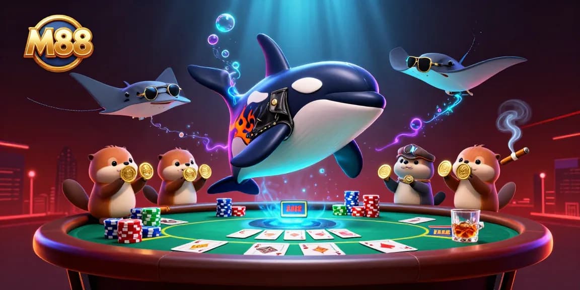 M88 casino members enjoying a vibrant poker game with animated characters in a colorful underwater scene