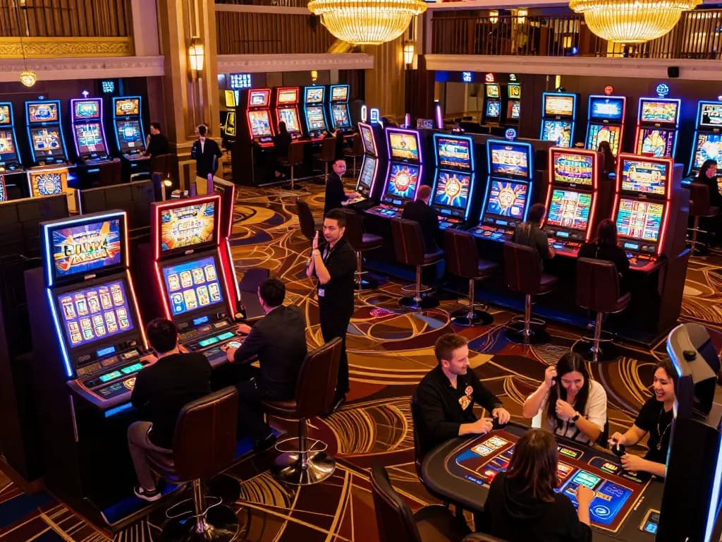 Bom88 players enjoying exciting wins at vibrant slot machines in a luxurious casino.