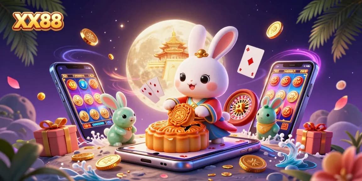 Experience the excitement of XX88 with a joyous 3D moon rabbit celebrating on the lunar surface amidst casino elements.