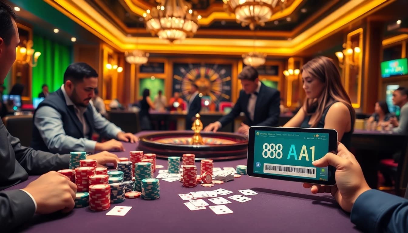 Play thrilling games at https://88aa1.org/ with vibrant poker chips, cards, and roulette wheels.