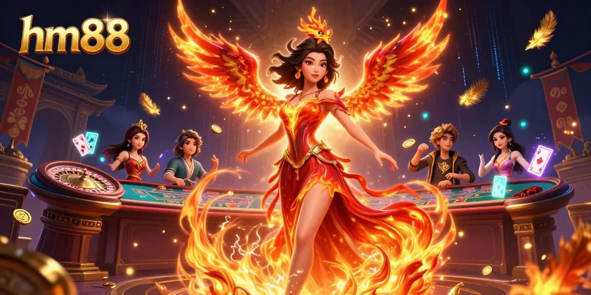 Experience the excitement of hm88 with a captivating scene featuring a stunning woman and a fire phoenix in a live casino.