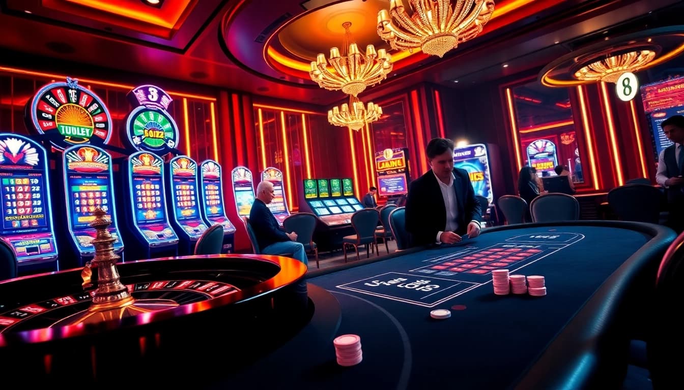 Exciting casino scene at Luck8 featuring roulette and poker tables with professional dealers.