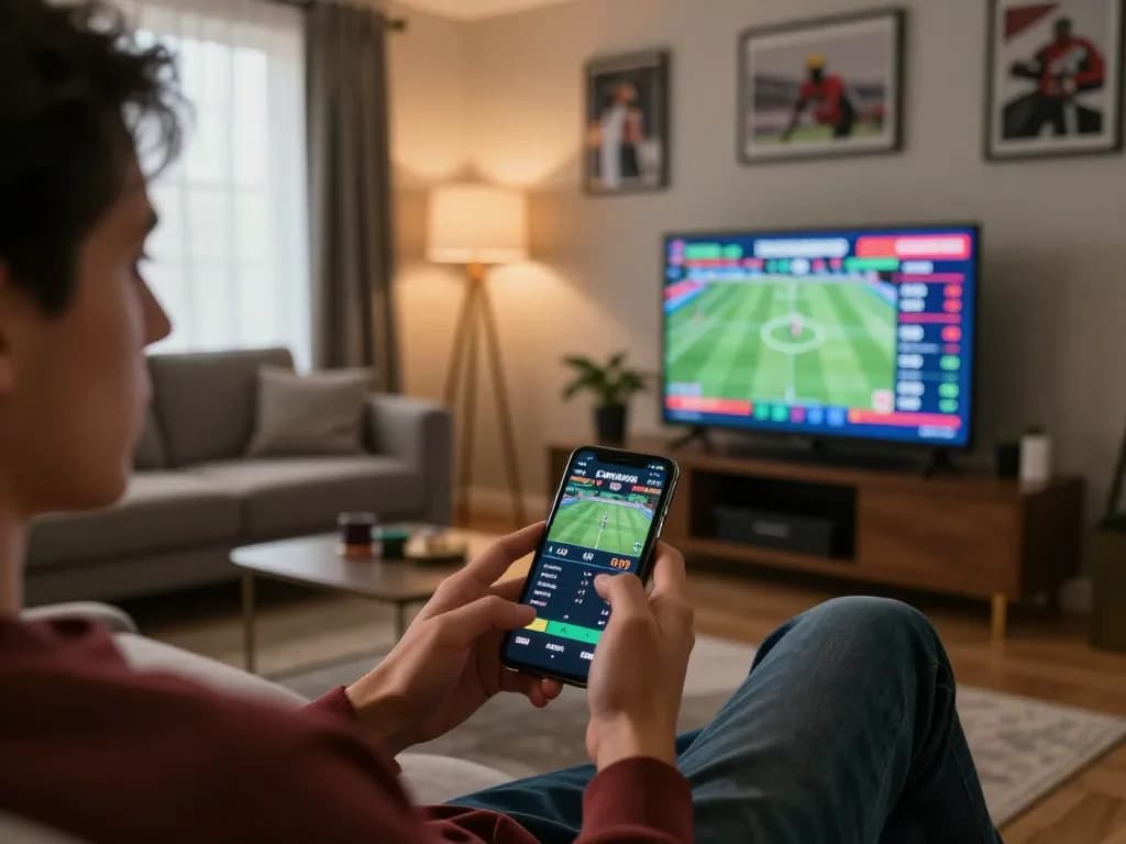 Engaged player using JUN88 mobile app for sports betting in a cozy living room setting