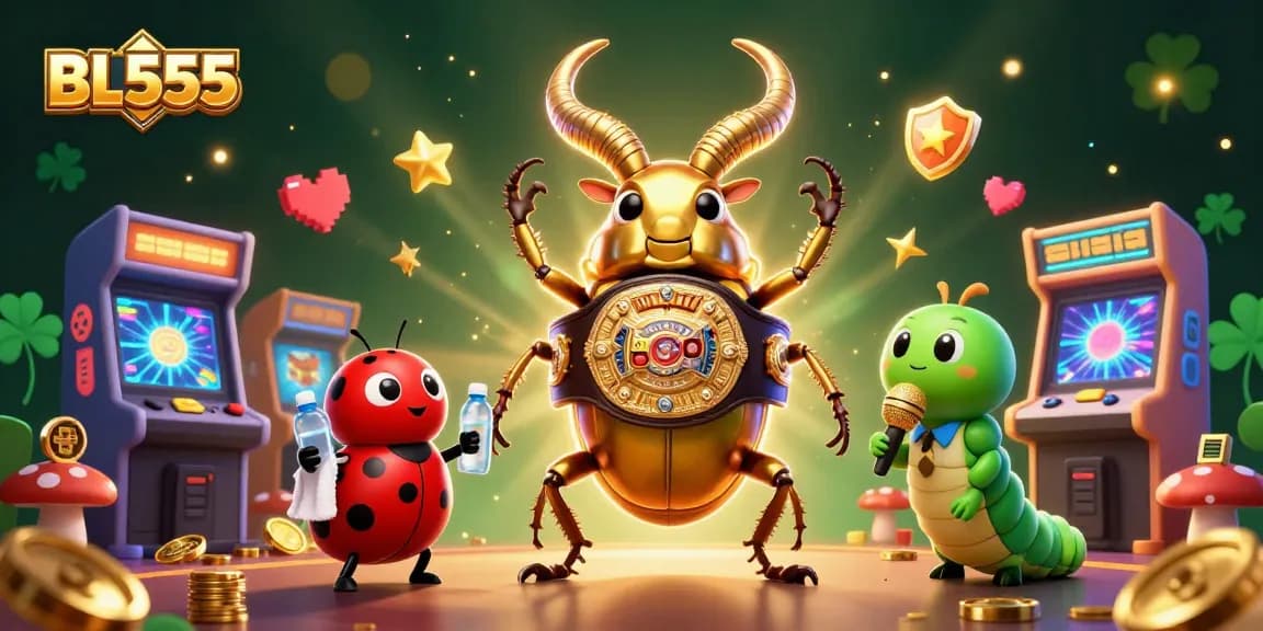 Experience thrilling gambling moments with BL555 in a vibrant 3D casino scene filled with colorful characters.