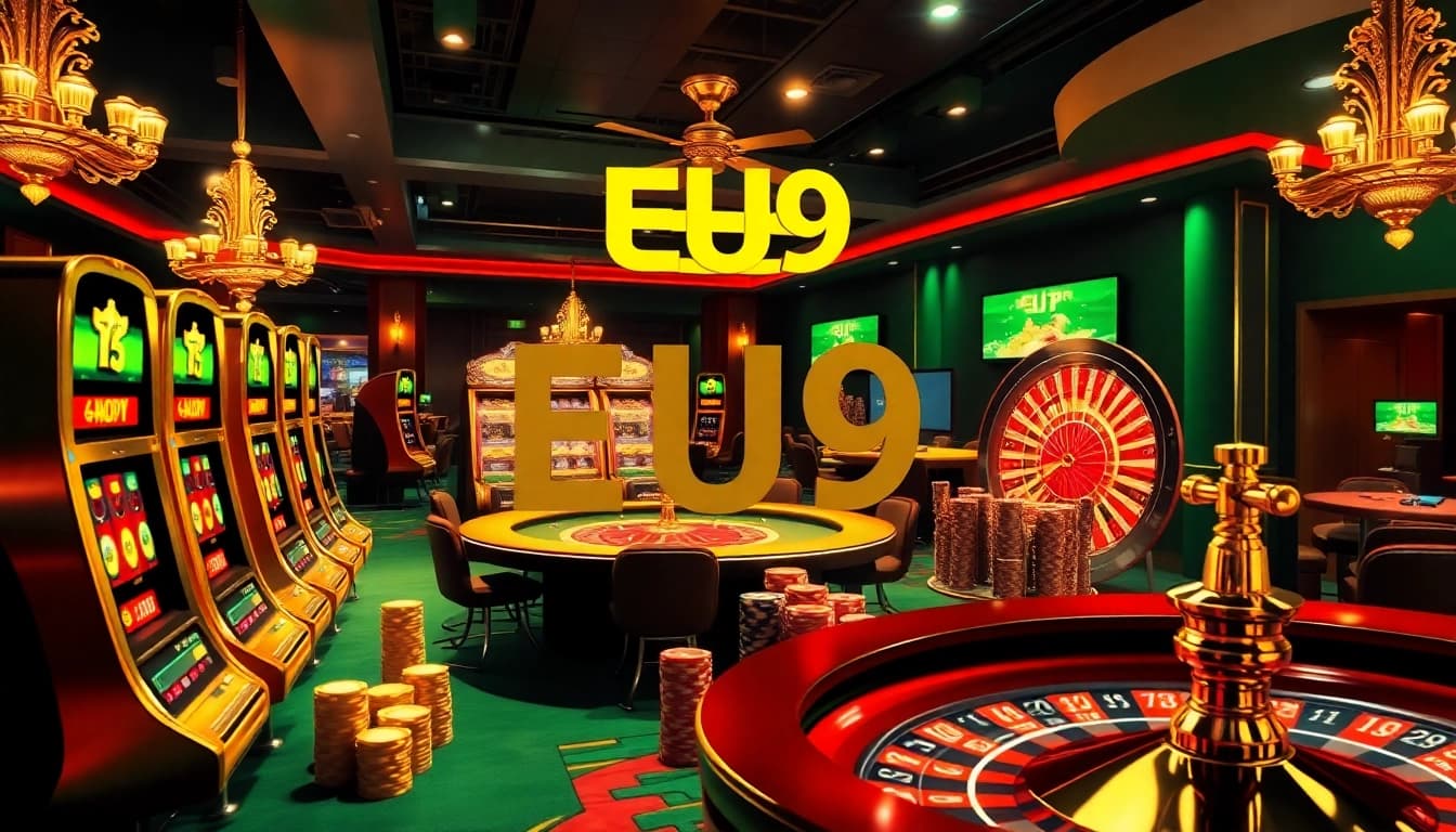 EU9 online casino table featuring luxury gambling elements with poker chips and slot machines.