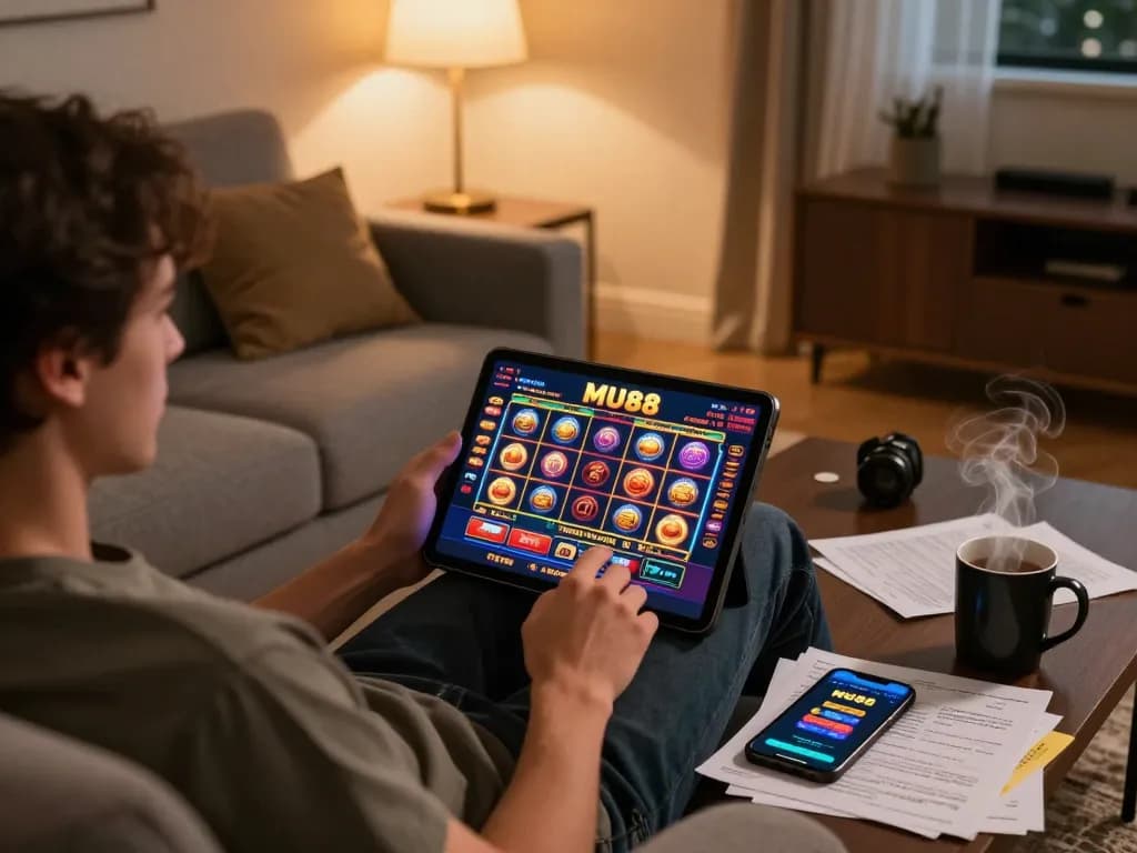 Engaging with MU88 casino app on tablet, casual home gaming setting with strategic notes.