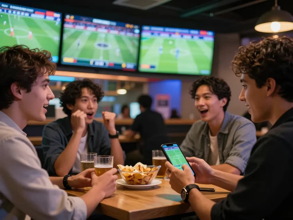 Excited sports fans engaging with kèo bóng đá odds on smartphones while watching football.
