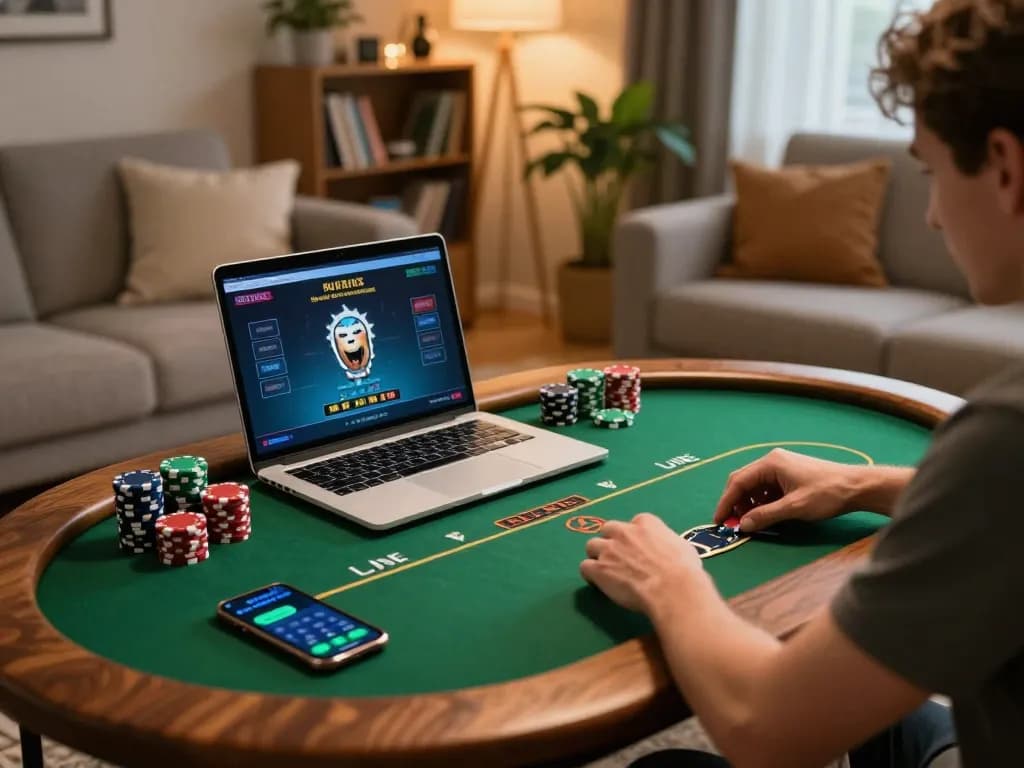 Engaging online poker gameplay experience with ONE88 on sleek laptop and vibrant ambiance.