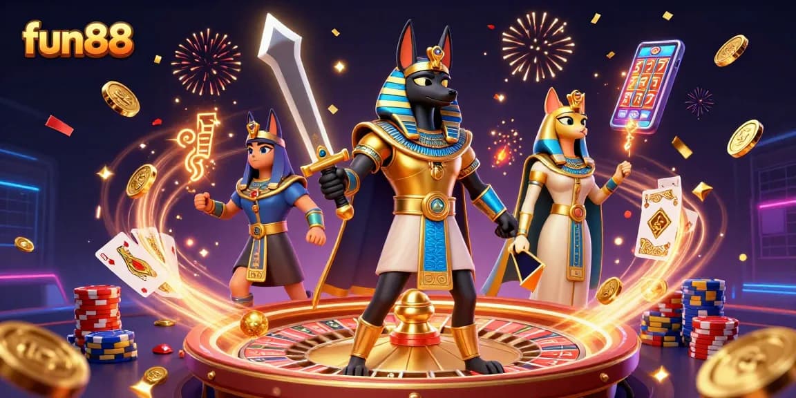 Fun88 casino showcase featuring Anubis and Bastet amidst vibrant gaming elements and treasures.