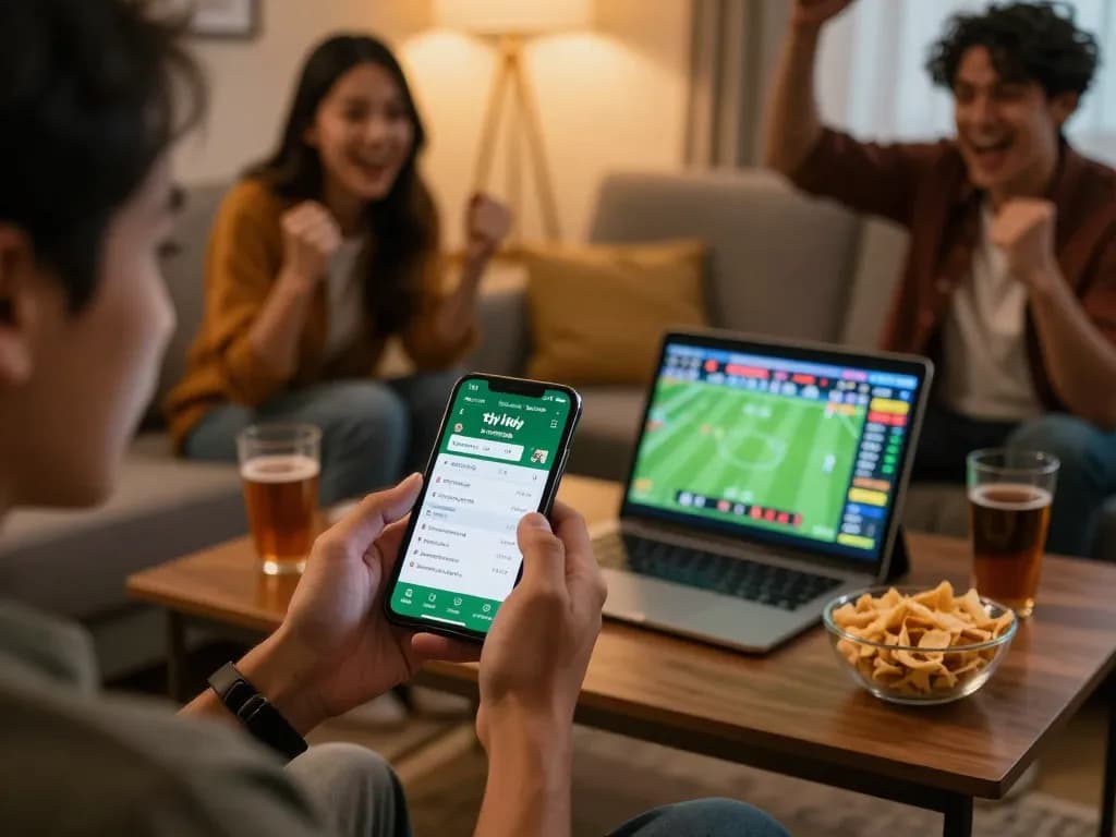 Person engaged with tỷ lệ kèo nhà cái on smartphone during live sports betting, showcasing excitement and competitive atmosphere