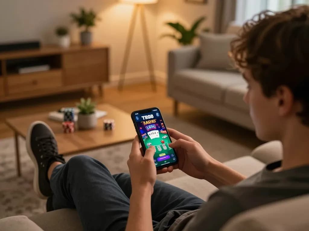 Engaged player using smartphone for online gambling on https://tr88.pics/, showing poker gameplay in a cozy living room.